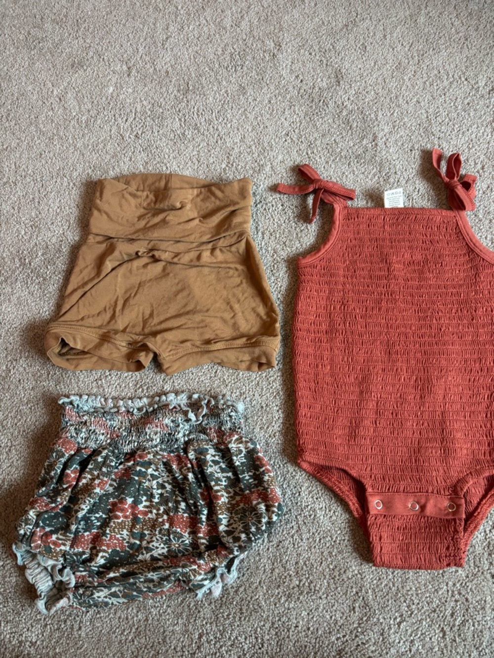 kate quinn Rust Red Romper with Tan Shorts and Floral Bloomer Set